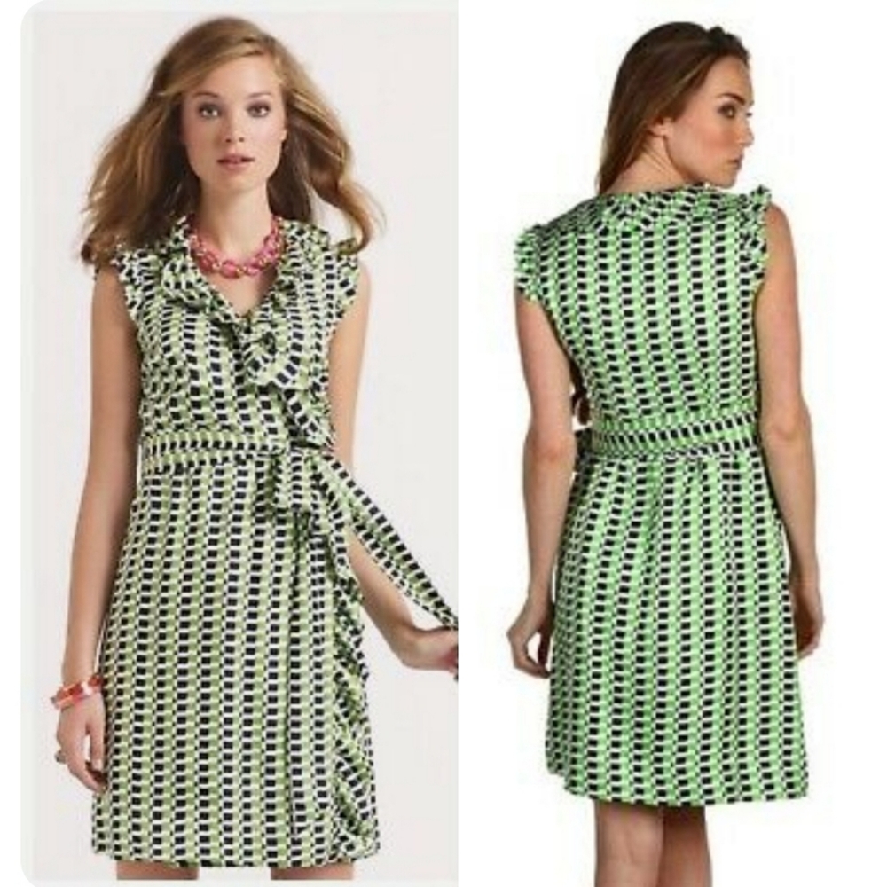 Kate Spade Aubrey Green Navy Silk Ruffled Neck Belted Wrap Dress